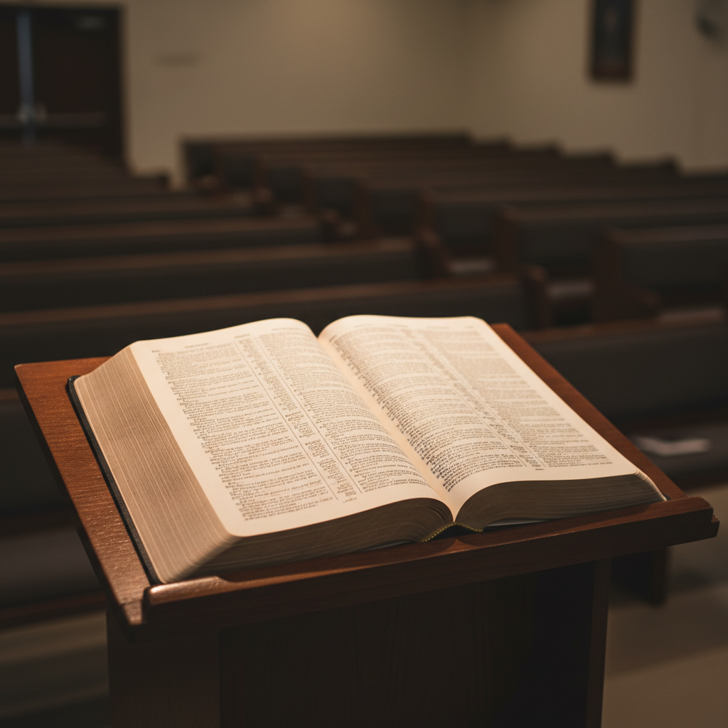 Detalle fotográfico realista de una Biblia abierta en español colocada sobre un atril de madera pulida en un podio simple, con el texto lo suficientemente desenfocado para no ser legible. El atril está situado en la parte frontal de un auditorio sobrio, con bancas desenfocadas en el fondo. Luz cálida y dirigida desde arriba crea un suave halo de iluminación sobre las páginas y resalta la textura del papel y la veta de la madera. La composición utiliza profundidad de campo muy reducida, enfocando intensamente en la Biblia y transmitiendo la centralidad de la Palabra de Dios en las creencias de la Iglesia de Cristo. El ambiente es reverente, profesional y sereno, ideal para una sección de doctrinas o creencias.